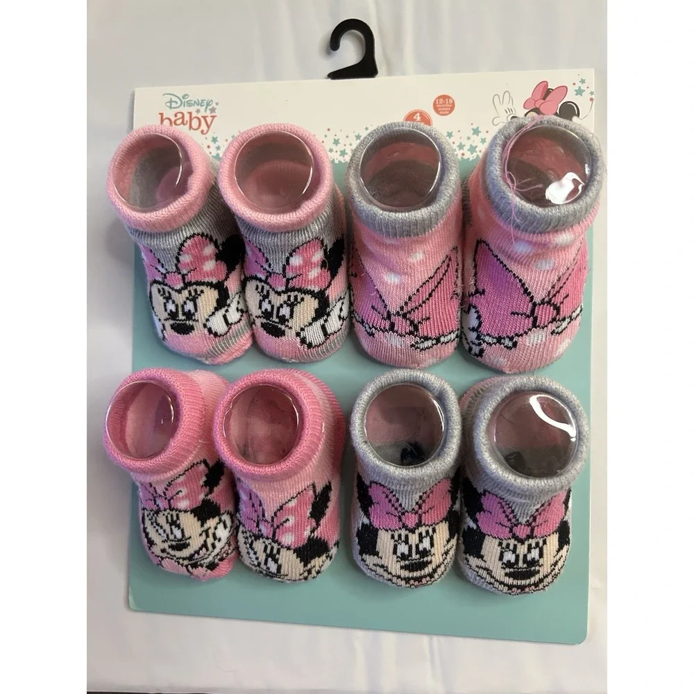 Disney Baby Minnie Mouse Baby Booties 4 Pair Set Size 12-18 Months Pink-Gray NEW